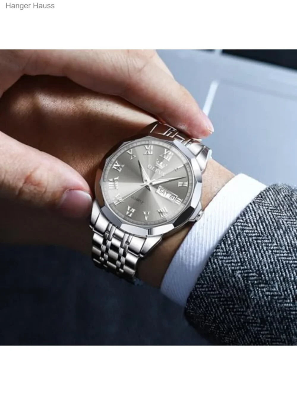 Men's Stainless Steel Analog Quartz Wrist Watch with Date and Luminous Hands